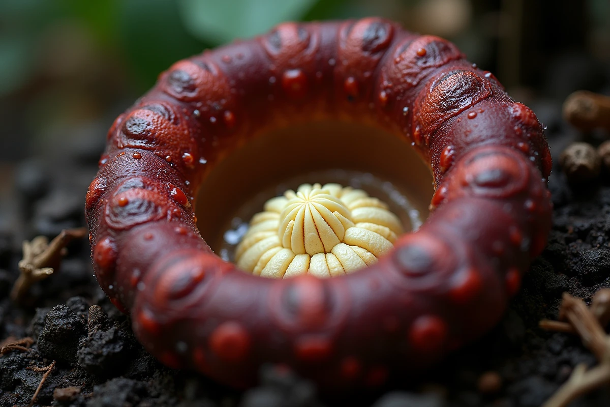 Gros plan macro sur la cavité centrale d'une fleur de Rafflesia, révélant ses structures internes complexes aux textures bordeaux et ivoire