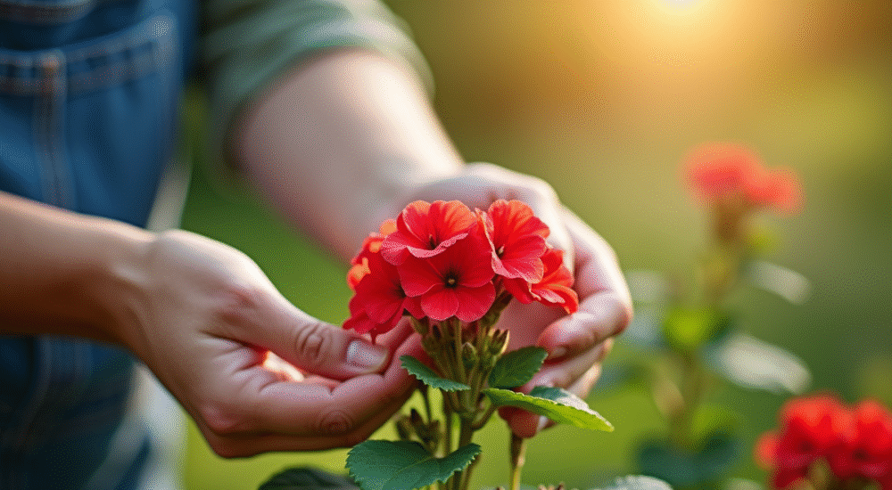 Mains de jardinier tenant un geranium sain en plein jour