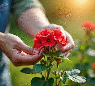 Mains de jardinier tenant un geranium sain en plein jour