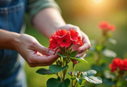 Mains de jardinier tenant un geranium sain en plein jour