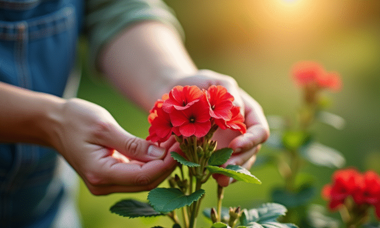 Mains de jardinier tenant un geranium sain en plein jour
