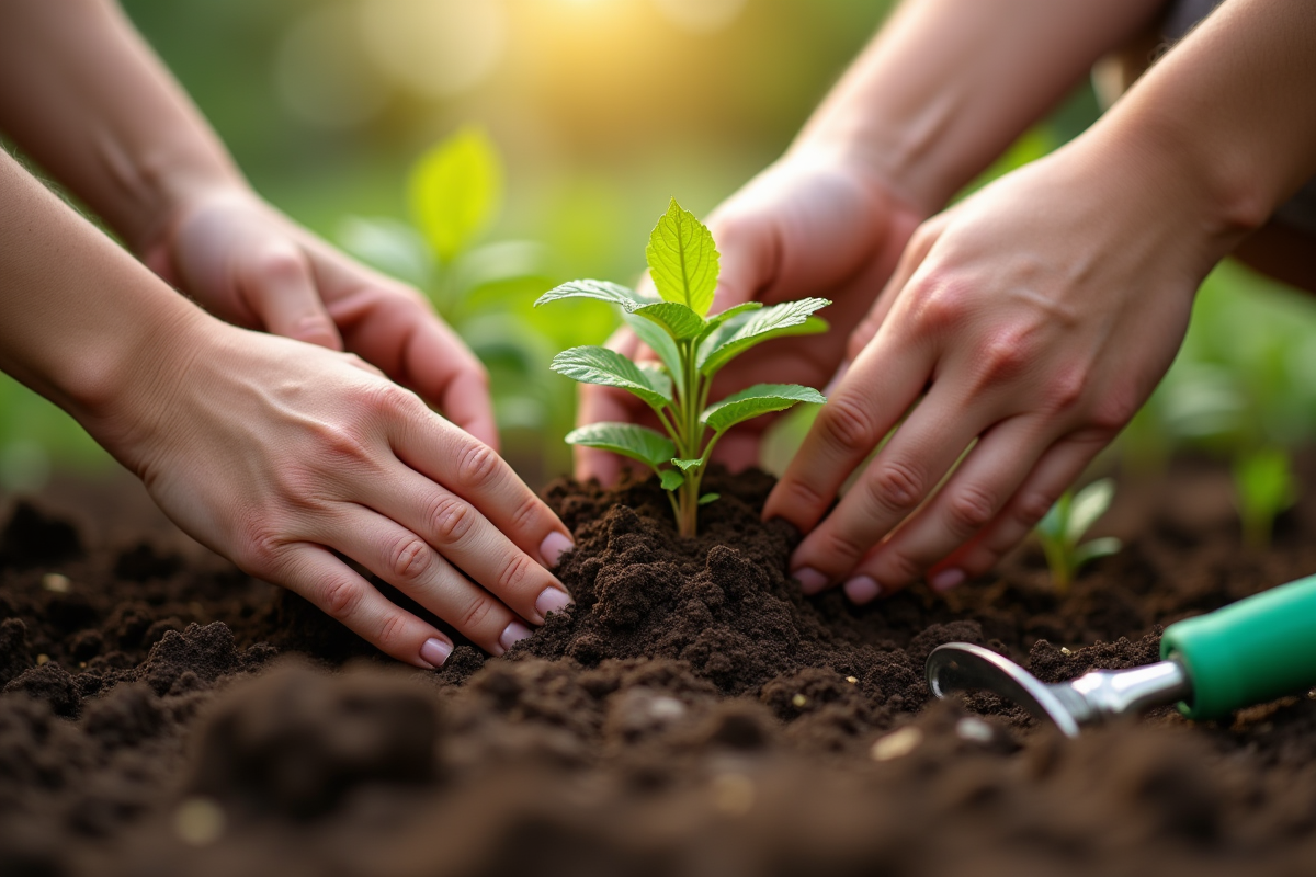 Mains de différents âges plantant des jeunes pousses dans le sol