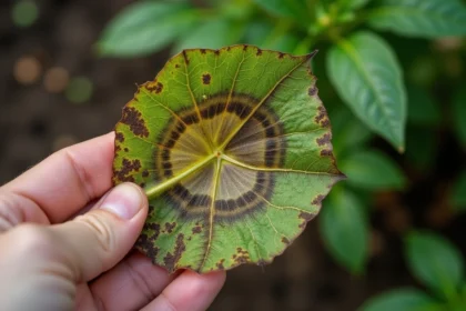 Feuille de tomate atteinte de mildiou précoce avec taches brunes concentriques et jaunissement, photographiée en gros plan dans un jardin potager