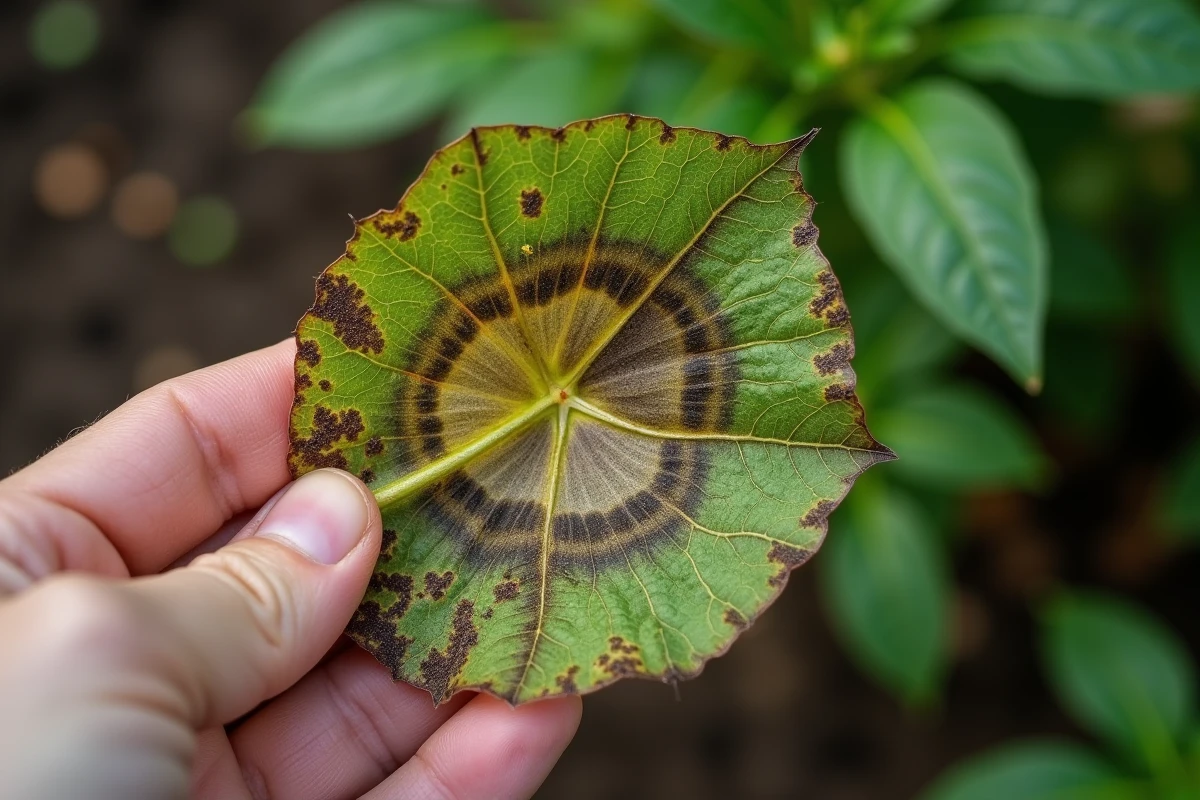 Feuille de tomate atteinte de mildiou précoce avec taches brunes concentriques et jaunissement, photographiée en gros plan dans un jardin potager