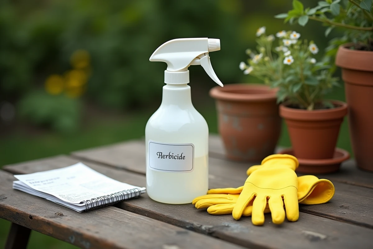 Matériel de désherbage au glyphosate posé sur une table de jardin avec fiche de sécurité et gants de protection