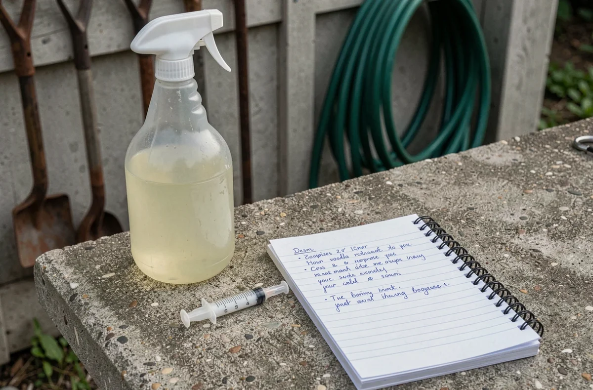 Gros plan sur un pulvérisateur d'un litre, une seringue de dosage et un cahier de notes pour préparer la bonne dilution de Roundup