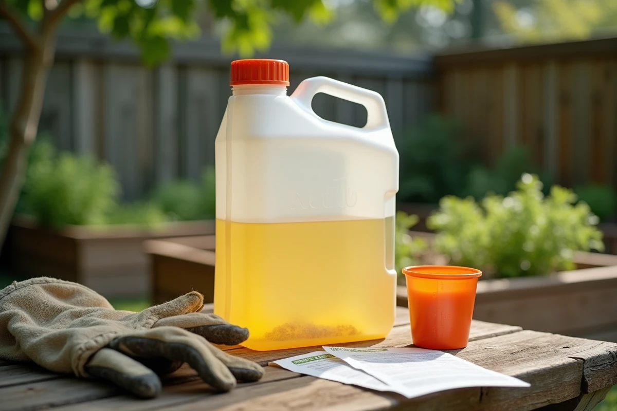 Matériel de dosage du Roundup posé sur une table de jardin avec pulvérisateur 5 litres, dose mesurée et étiquette de produit