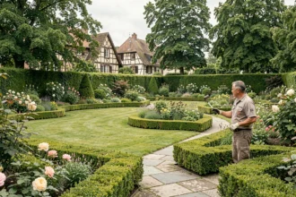 Un paysagiste professionnel supervise un jardin soigné dans le Grand Est, avec des haies taillées, des massifs fleuris et une allée en pierre devant des maisons alsaciennes