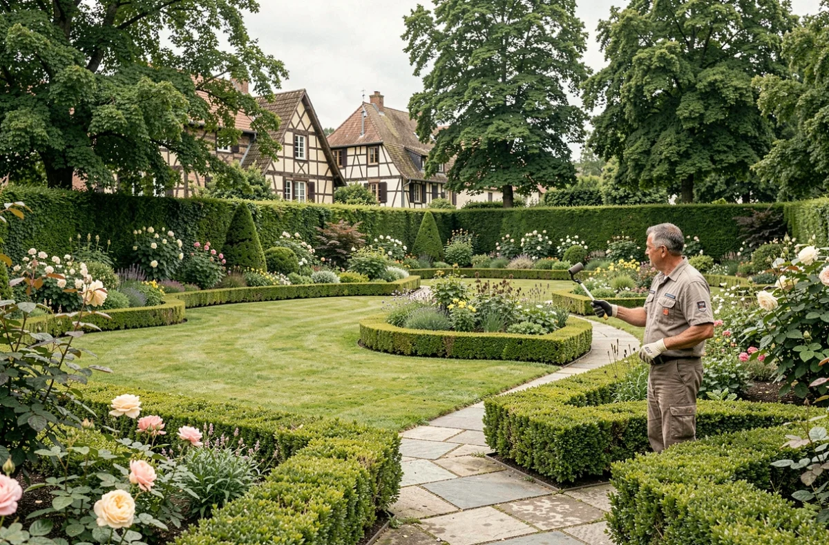 Un paysagiste professionnel supervise un jardin soigné dans le Grand Est, avec des haies taillées, des massifs fleuris et une allée en pierre devant des maisons alsaciennes