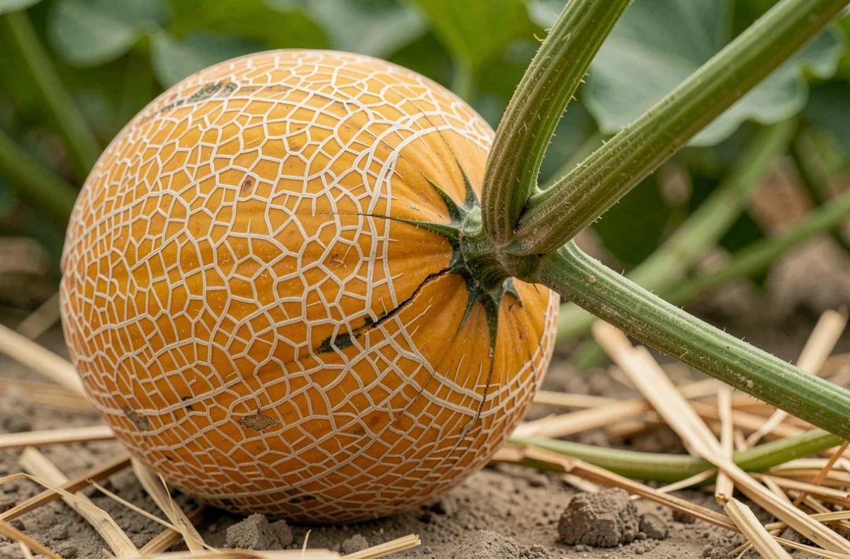 Gros plan sur le pédoncule d'un melon charentais mûr montrant la fissure naturelle indiquant la maturité optimale sur pied