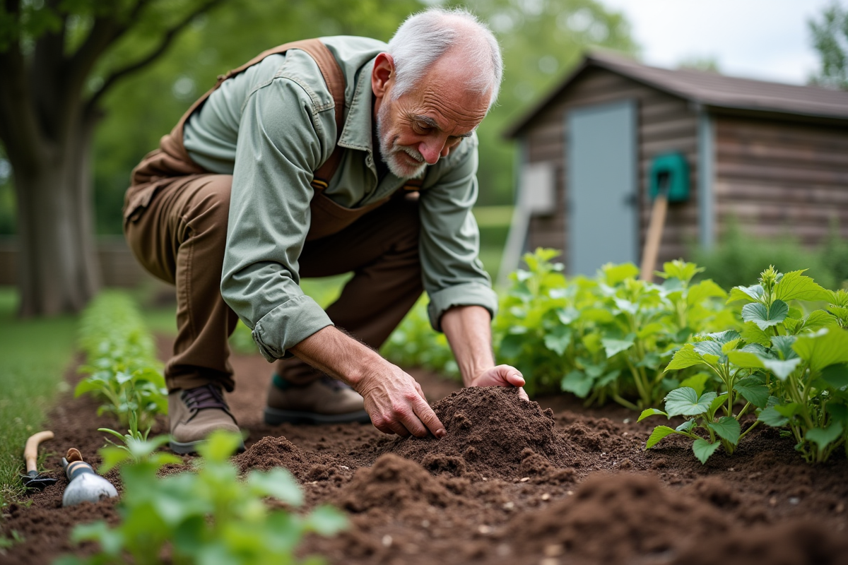 Homme âgé étalant du paillis dans un jardin rural