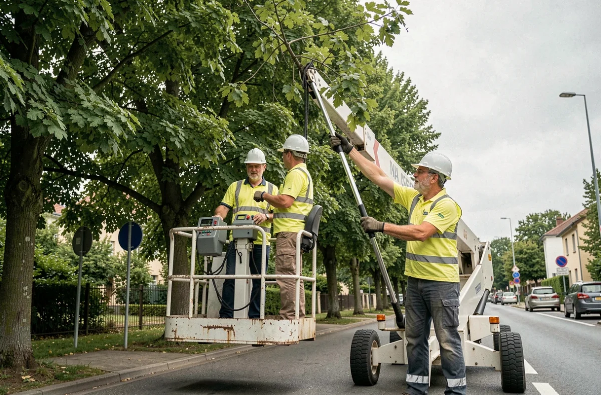 Agents municipaux utilisant une nacelle élévatrice pour élaguer des tilleuls en bord de route dans une commune française