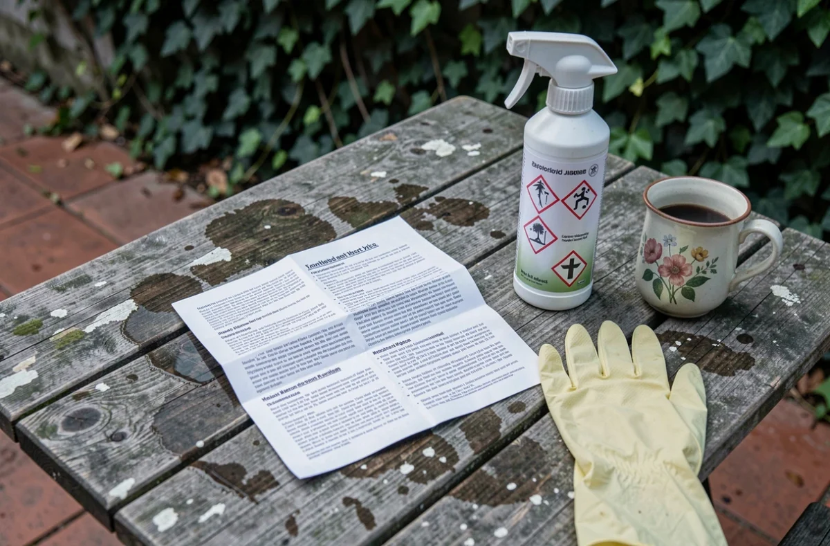 Notice d'utilisation d'un désherbant radical posée sur une table de jardin avec équipements de protection