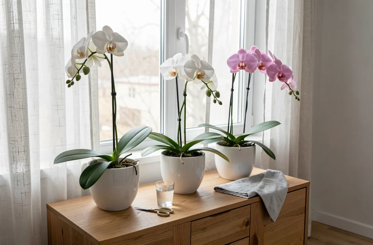 Trois orchidées en pots blancs sur un meuble en teck dans un salon nordique, après une session de taille soignée avec ciseaux et tissu de jardinage