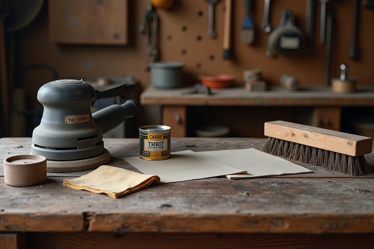 Outils de restauration du teck posés sur un établi : ponceuse orbitale, papiers abrasifs, huile de teck et brosses