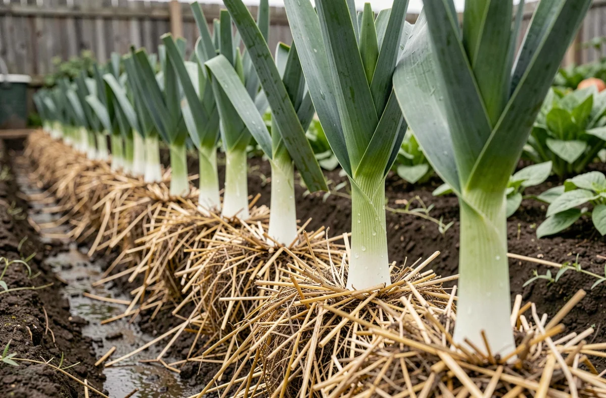 Rang de poireaux au potager en été avec paillage de paille au pied des plants pour limiter l'arrosage