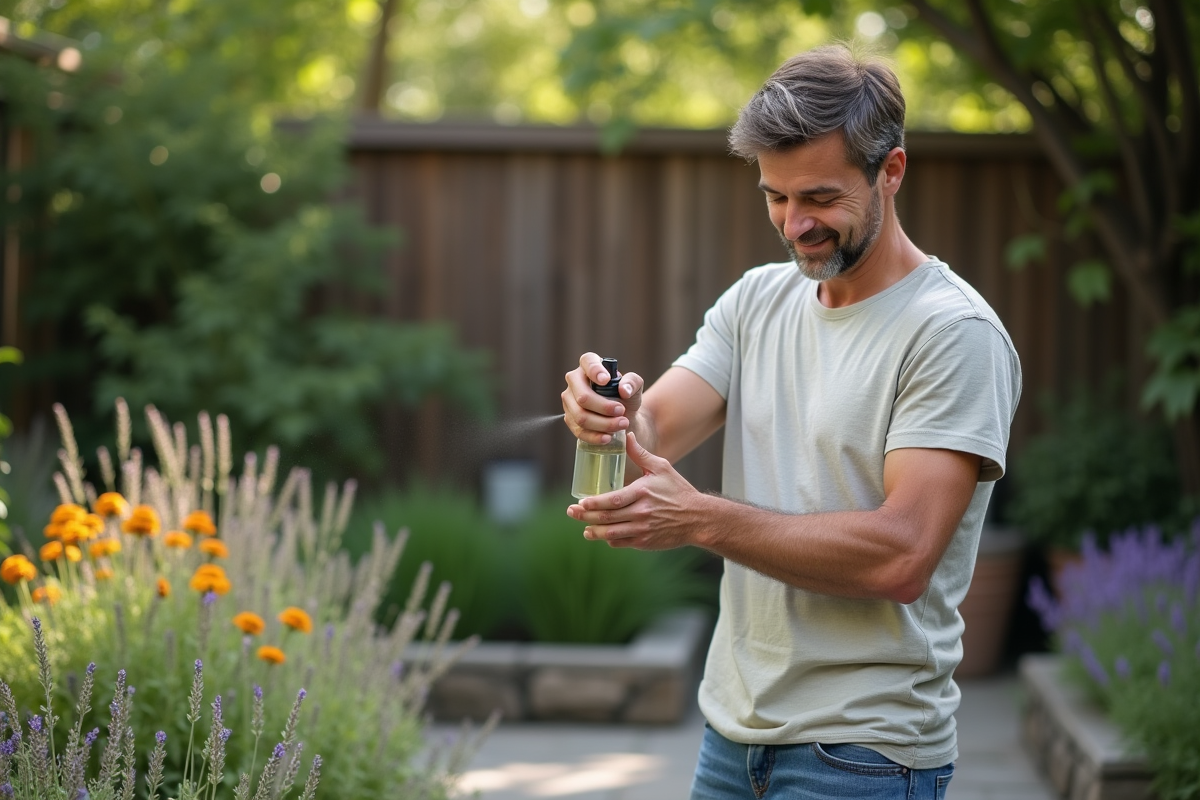Pere pulvérisant un répulsif naturel dans le jardin