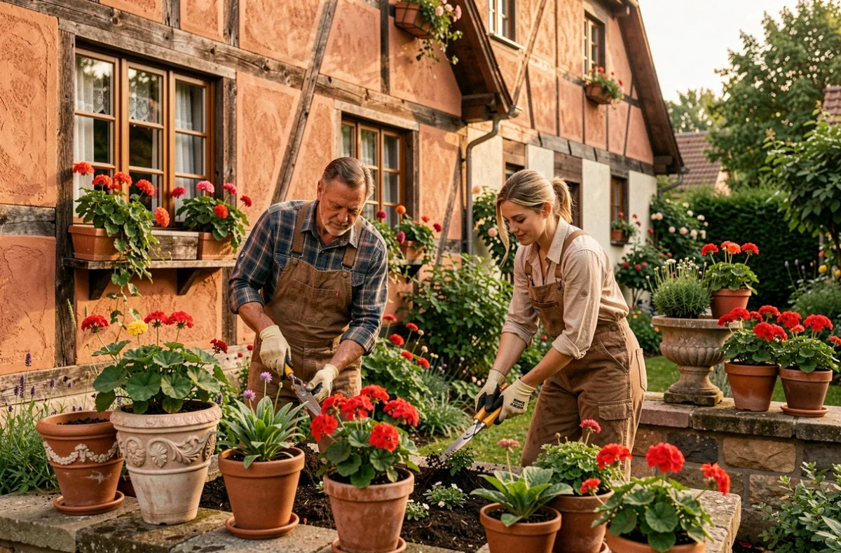 L'équipe de Parcs et Jardins Bischoff entretient un jardin alsacien traditionnel avec maison à colombages et géraniums en pot