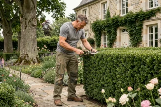 Paysagiste professionnel taillant une haie de buis dans un jardin résidentiel en Meurthe-et-Moselle avec une maison lorraine en arrière-plan