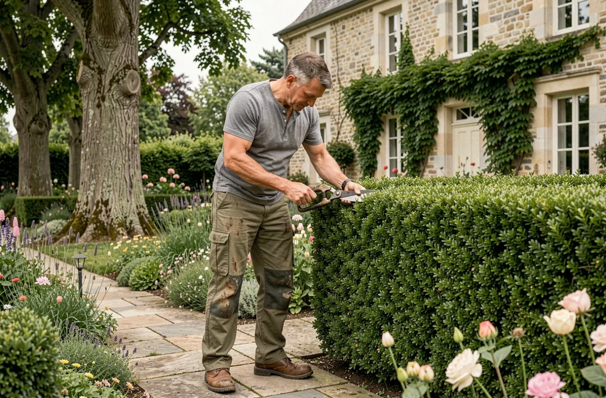 Paysagiste professionnel taillant une haie de buis dans un jardin résidentiel en Meurthe-et-Moselle avec une maison lorraine en arrière-plan