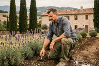 Paysagiste professionnel travaillant dans un jardin méditerranéen en Provence-Alpes-Côte d'Azur avec lavande et cyprès