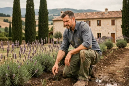 Paysagiste professionnel travaillant dans un jardin méditerranéen en Provence-Alpes-Côte d'Azur avec lavande et cyprès