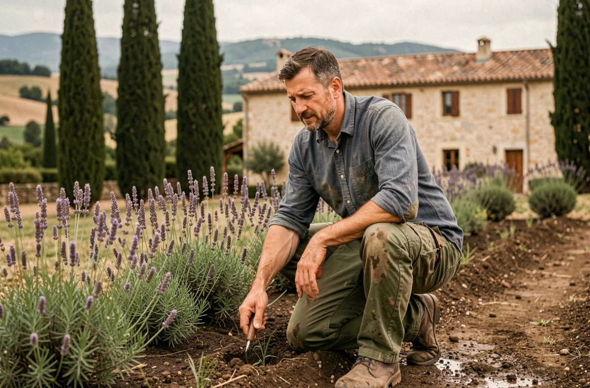 Paysagiste professionnel travaillant dans un jardin méditerranéen en Provence-Alpes-Côte d'Azur avec lavande et cyprès