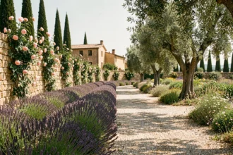 Jardin paysager provençal dans le Vaucluse avec lavande, oliviers et pierres anciennes