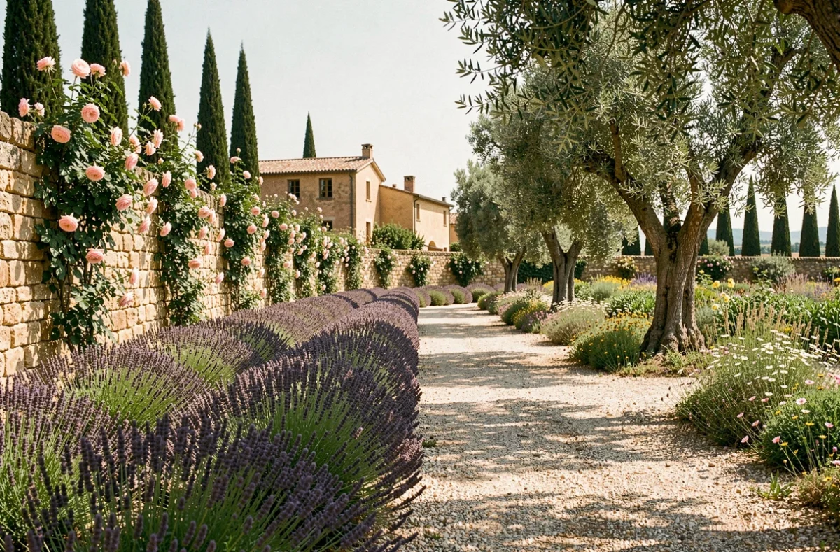 Jardin paysager provençal dans le Vaucluse avec lavande, oliviers et pierres anciennes