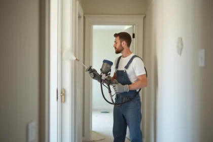 Peintre en overalls utilisant un pulvérisateur sur un mur intérieur