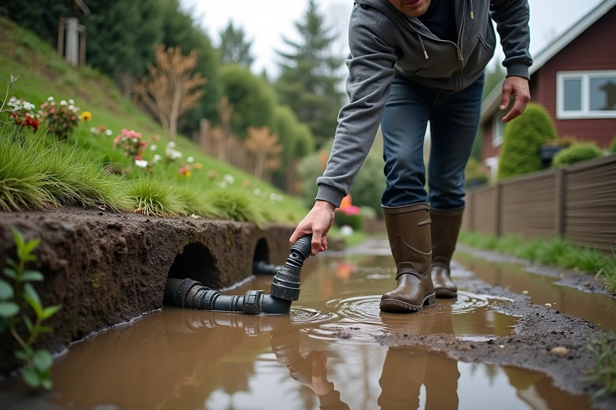 Homme constatant un problème de pente sur une conduite d'arrosage avec accumulation d'eau stagnante dans un jardin en pente