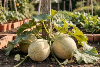 Plant de melon charentais en pleine maturité dans un potager traditionnel avec plusieurs fruits reposant sur la terre sombre