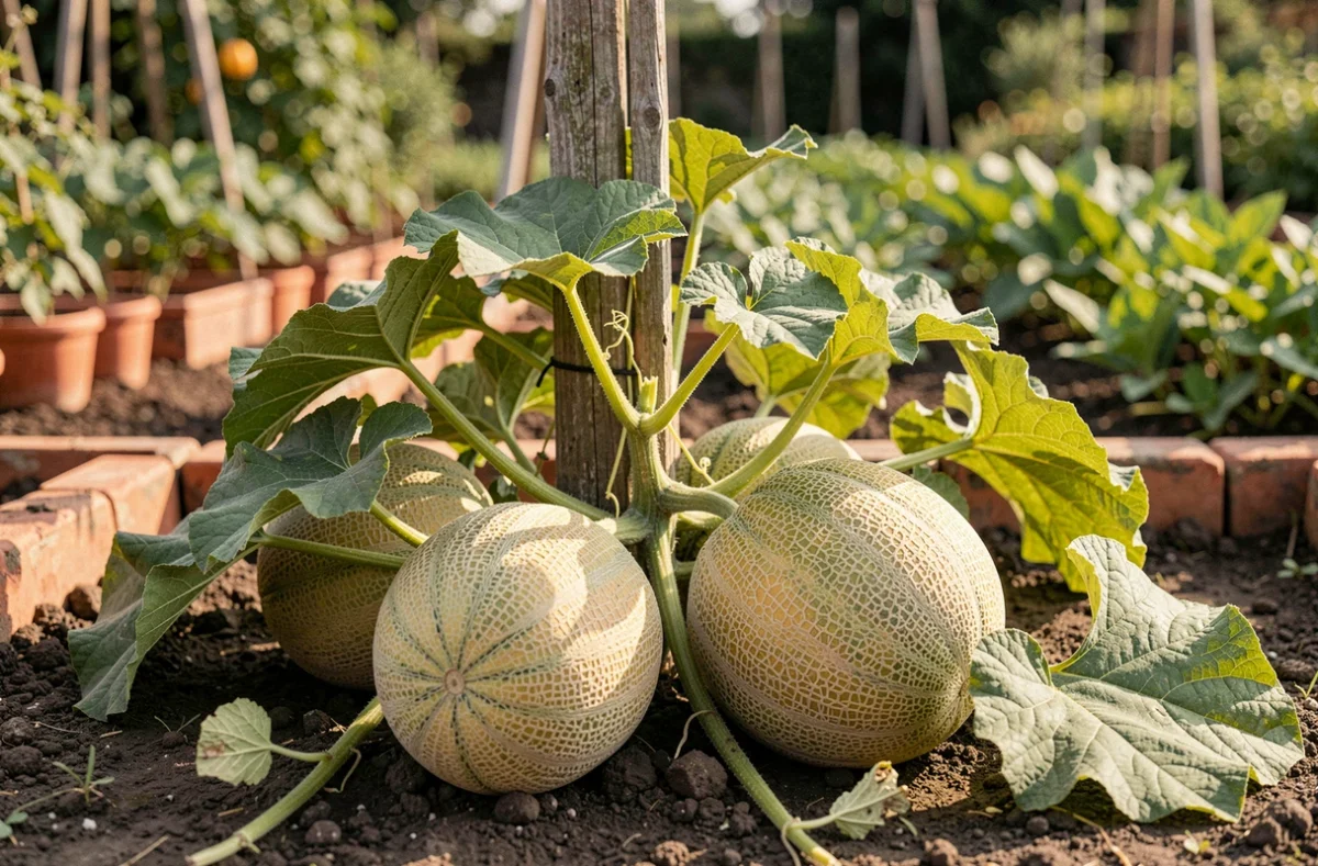 Plant de melon charentais en pleine maturité dans un potager traditionnel avec plusieurs fruits reposant sur la terre sombre