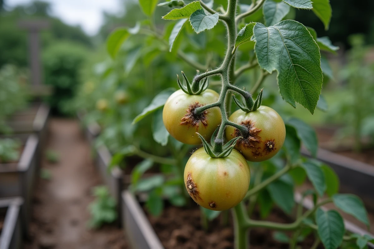 Plant de tomate entier avec symptômes de mildiou tardif, taches noires sur tiges et fruits dans un potager en pleine terre