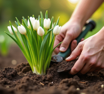 Mains plantant des bulbes d'allium dans un sol riche au jardin