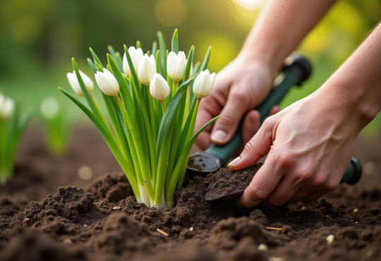 Mains plantant des bulbes d'allium dans un sol riche au jardin