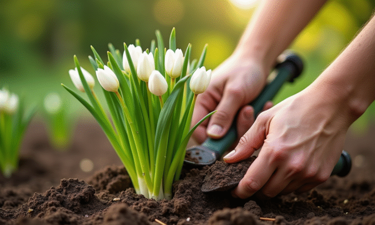 Mains plantant des bulbes d'allium dans un sol riche au jardin