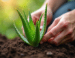 Main plantant des aloe vera en extérieur en plein jour