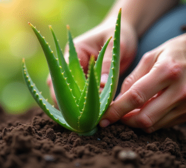 Main plantant des aloe vera en extérieur en plein jour
