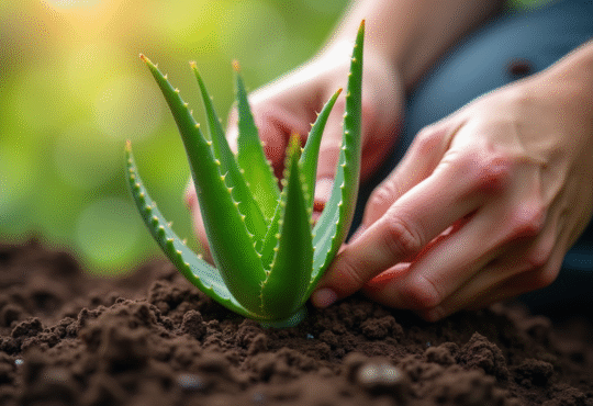 Main plantant des aloe vera en extérieur en plein jour