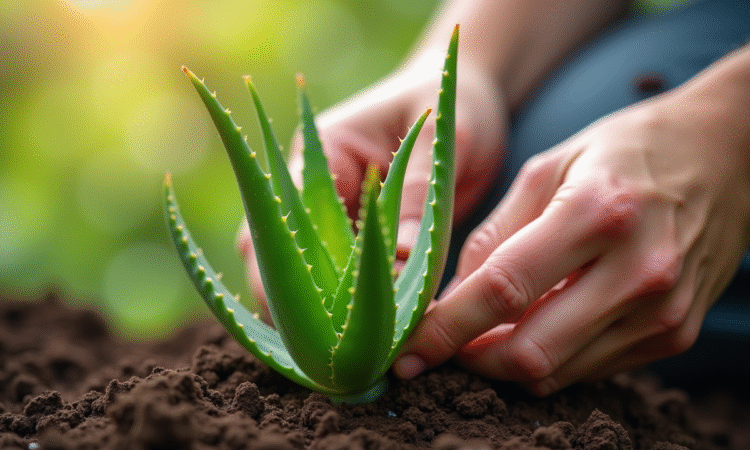 Main plantant des aloe vera en extérieur en plein jour