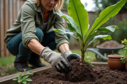 Femme plantant un jeune bananier en pleine terre dans un petit jardin avec des gants de jardinage et de la terre fraîche