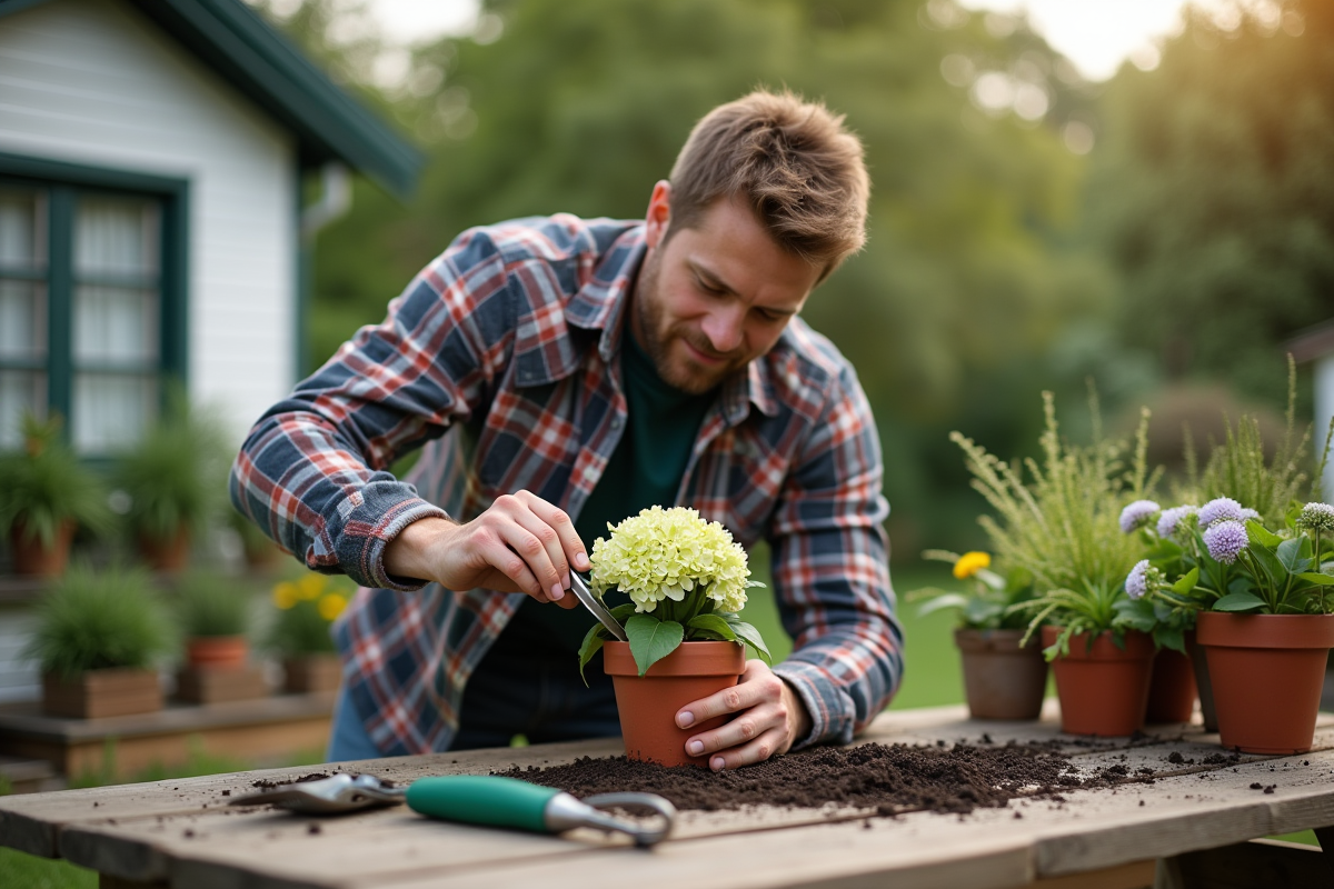 Jeune homme plantant un hortensia dans un pot en terre cuite