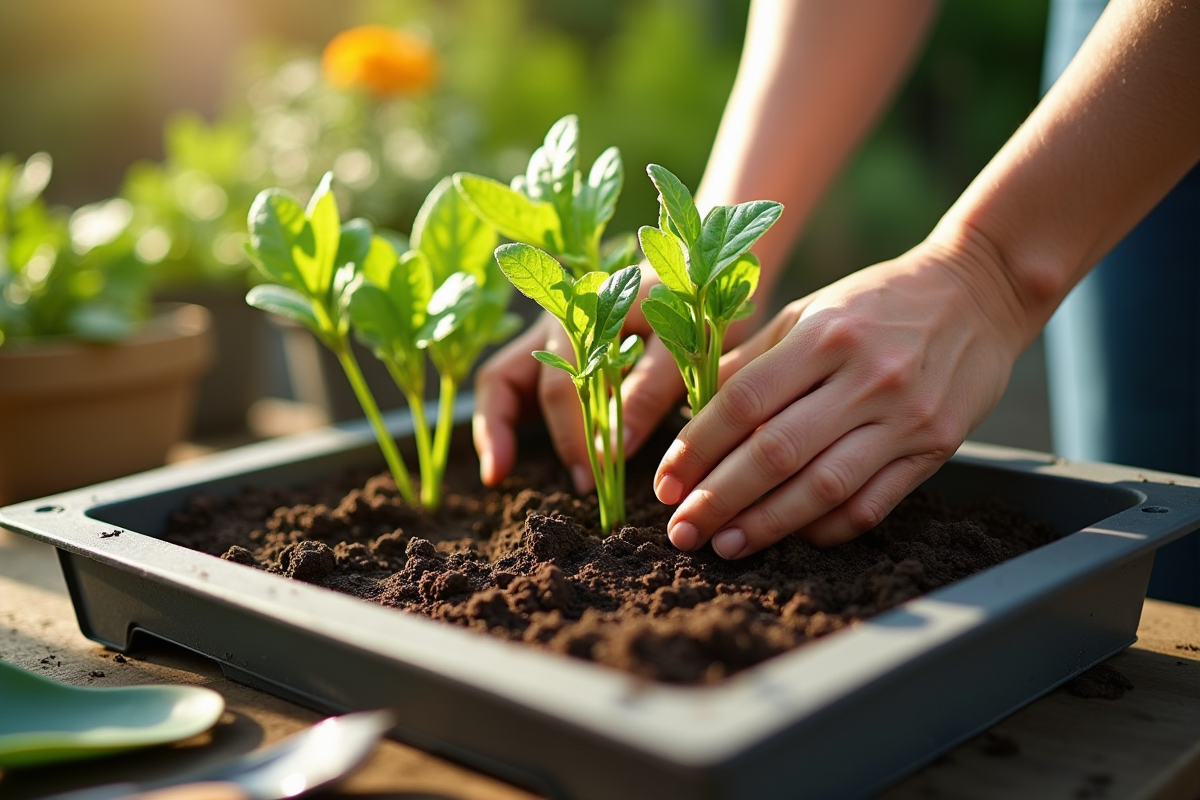 Mains plantant jeunes légumes dans un potager ensoleille