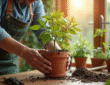 Jardinier plantant un oleander dans un pot en terre cuite