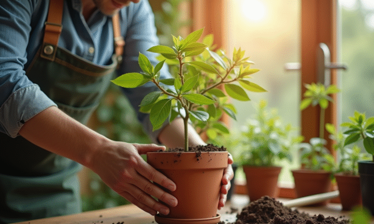 Jardinier plantant un oleander dans un pot en terre cuite
