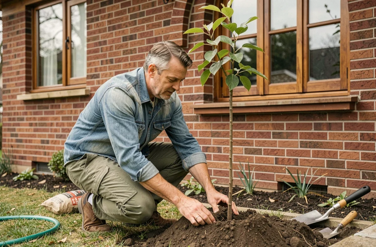 Propriétaire plantant un poirier ornemental près de sa maison en brique pour un jardin résidentiel facile à entretenir