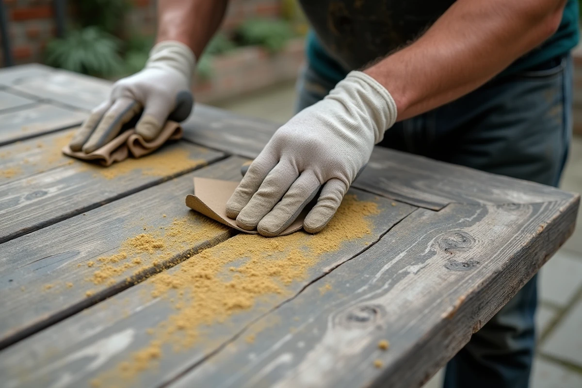 Ponçage à la main d'une table en teck ancien encrassé avec du papier abrasif gros grain pour retirer le gris et les algues