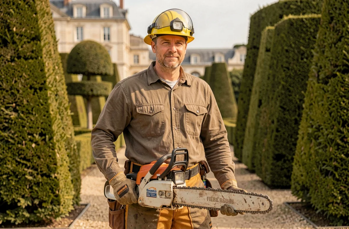 Portrait d'un élagueur professionnel avec tronçonneuse devant une haie taillée dans un jardin de Versailles