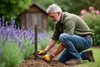 Homme posant un piquet de grillage sans ciment dans un jardin fleuri pour préserver les racines des plantations